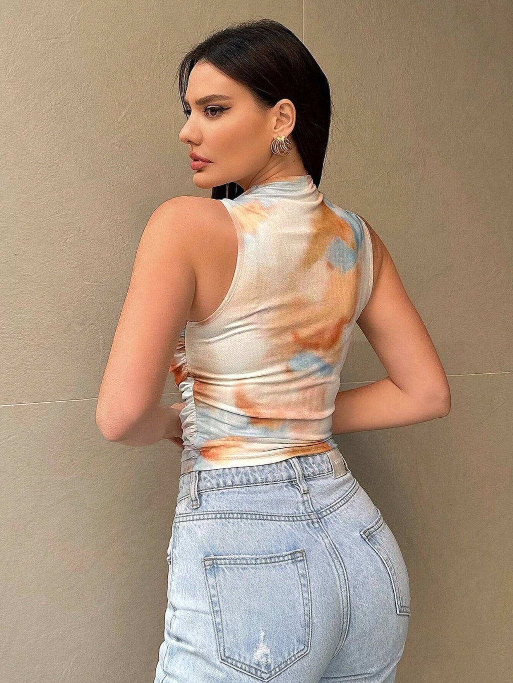 Printed Mock Neck Ruched Tank