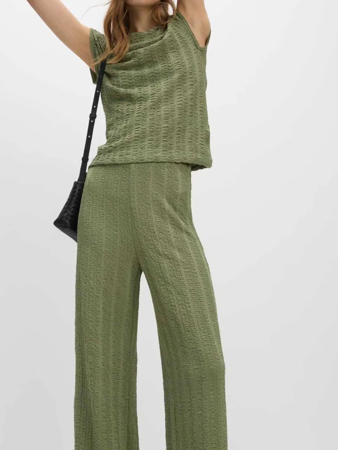 Round Neck Cap Sleeve Top and Pants Set