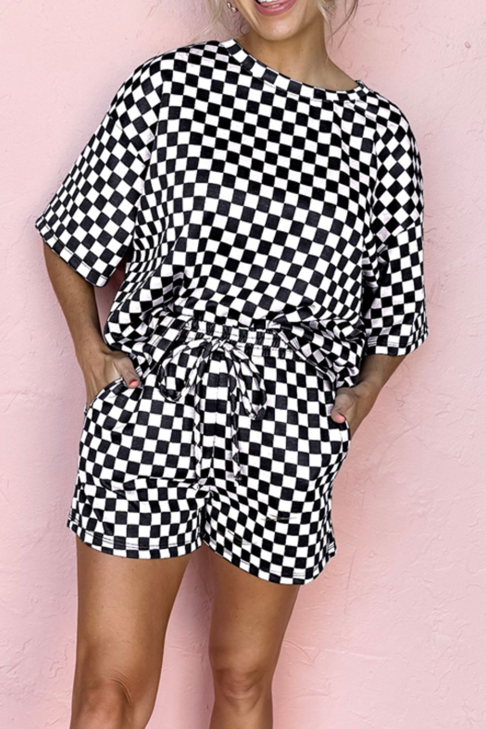 Checkered Round Neck Top and Shorts Set - felvior