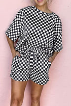 Checkered Round Neck Top and Shorts Set