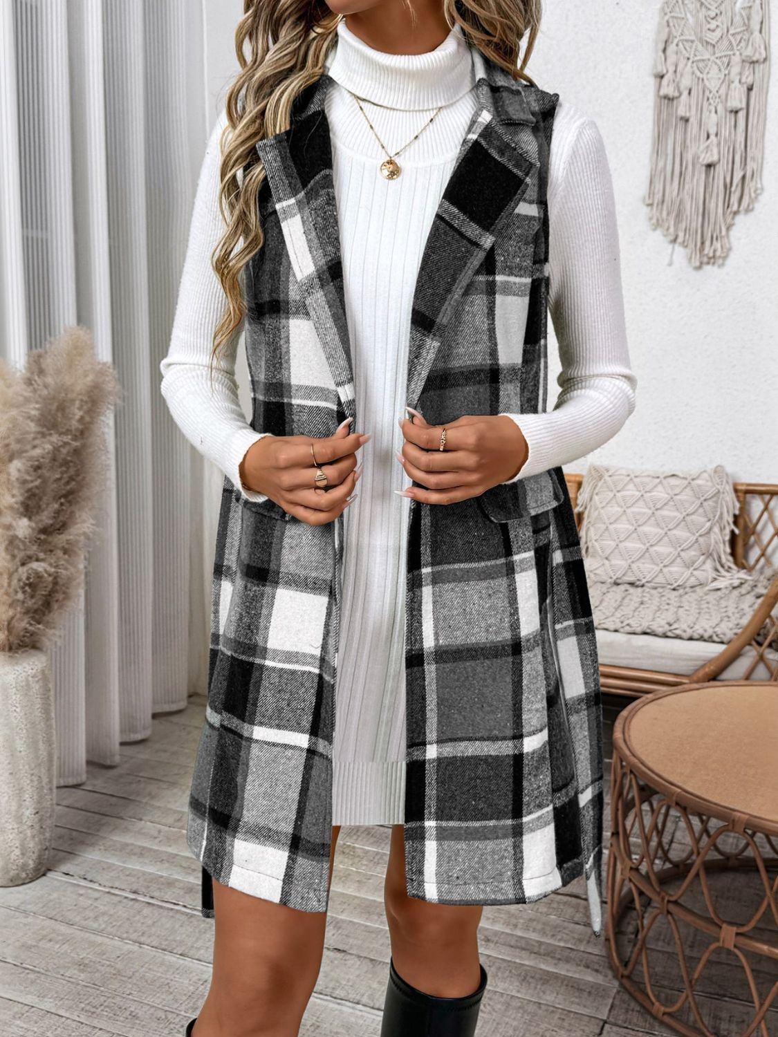 Perfee Tied Plaid Vest Coat - felvior