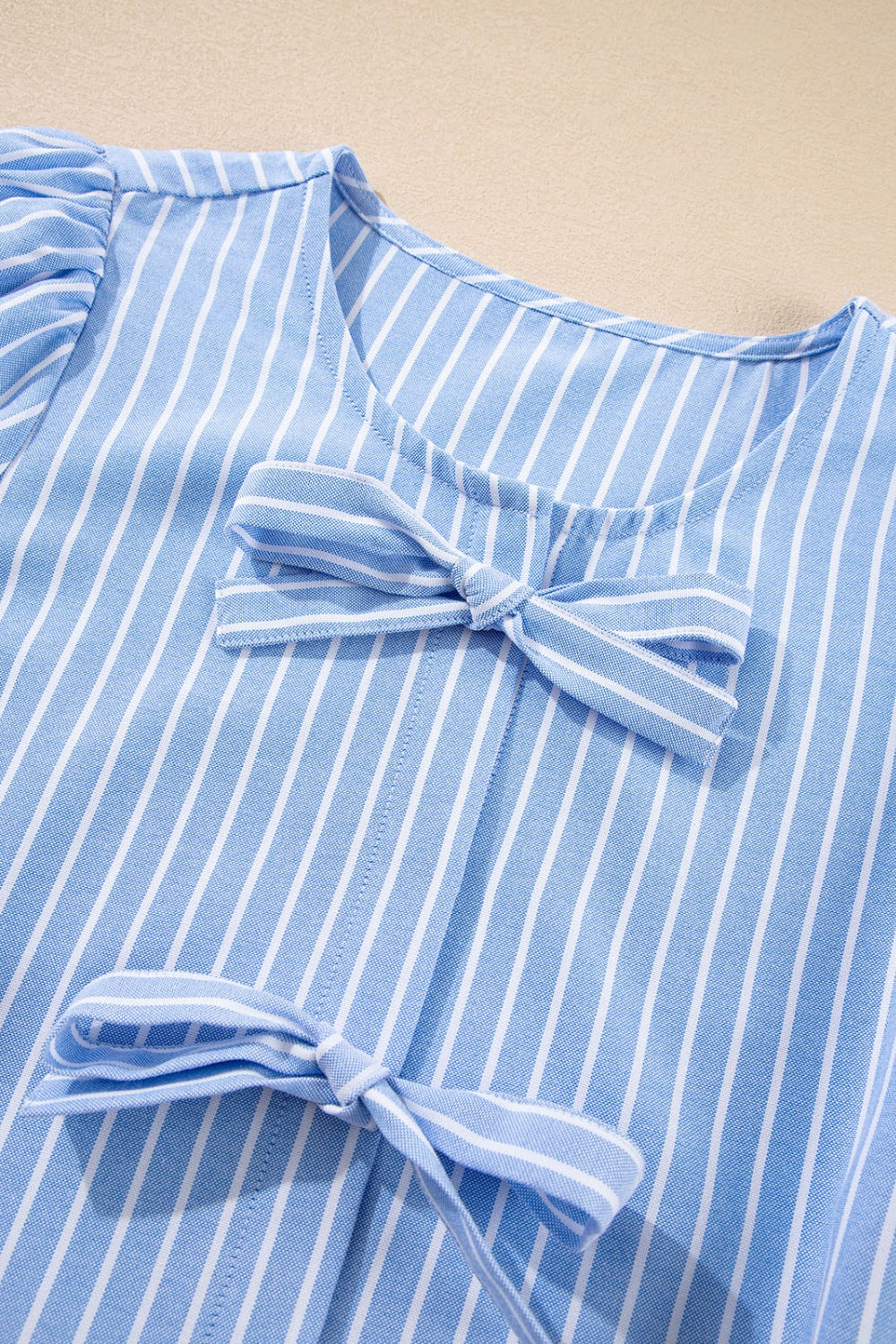 Striped Bowknot Detail Puff Sleeve Top and Shorts Set - felvior