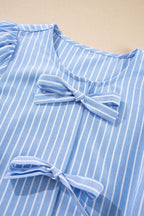 Striped Bowknot Detail Puff Sleeve Top and Shorts Set