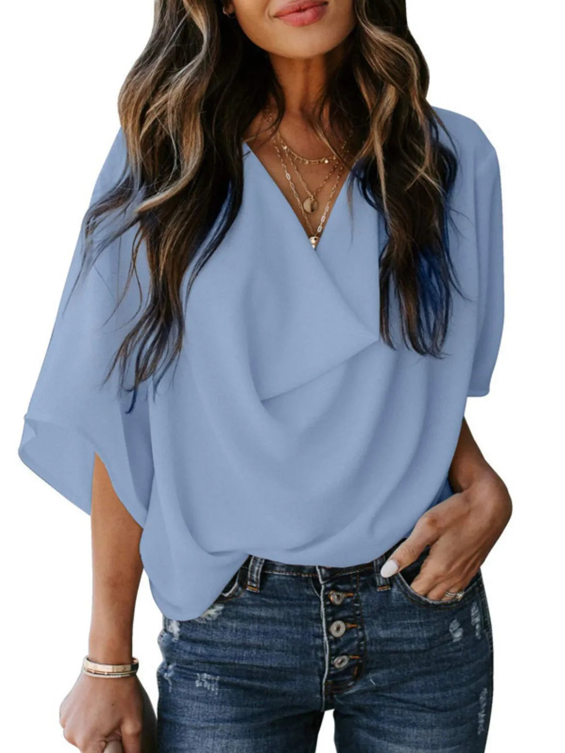 Full Size Ruched Three-Quarter Sleeve Blouse Plus Size - felvior