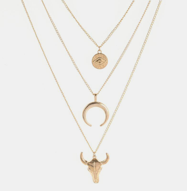 Alloy Three-Layered Bull Head Pendant Necklace - felvior