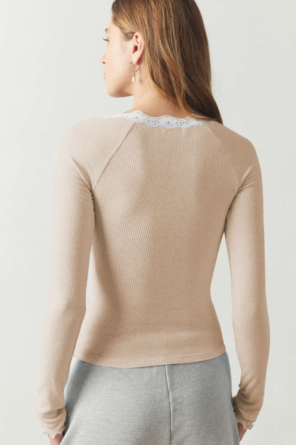 Lace Detail Scoop Neck Long Sleeve Top - felvior
