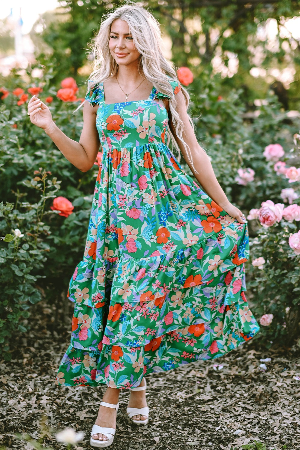 Tiered Ruffled Printed Sleeveless Dress - felvior