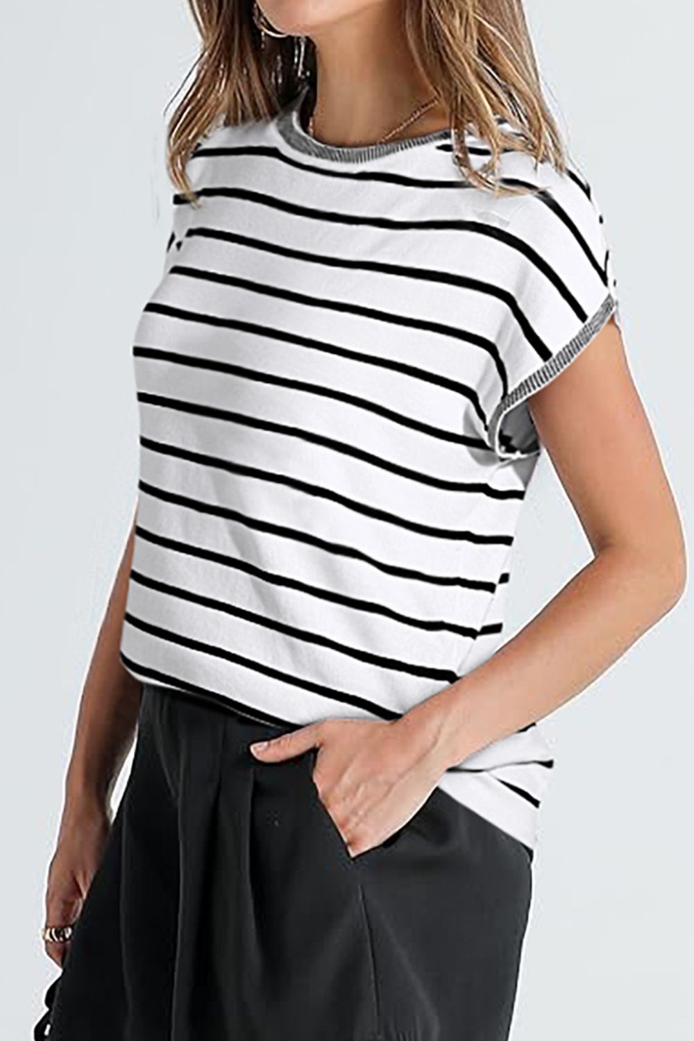 Striped Short Sleeve Knit Top - felvior