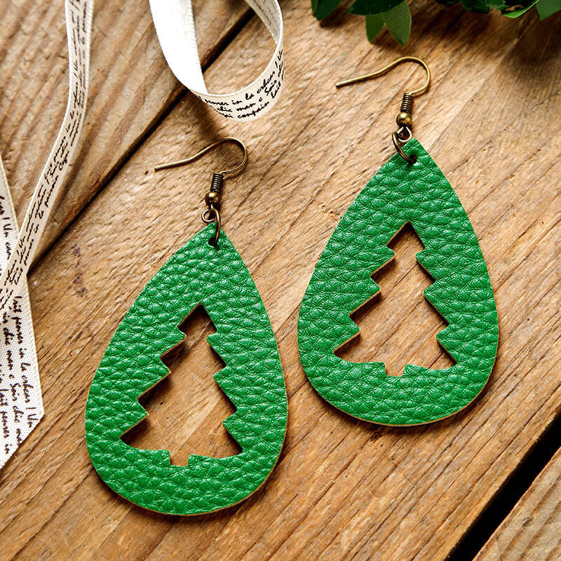 PU Leather Cutout Christmas Tree Earrings - felvior