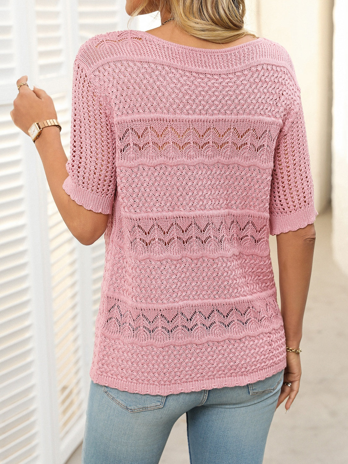 Openwork Round Neck Half Sleeve Knit Top - felvior