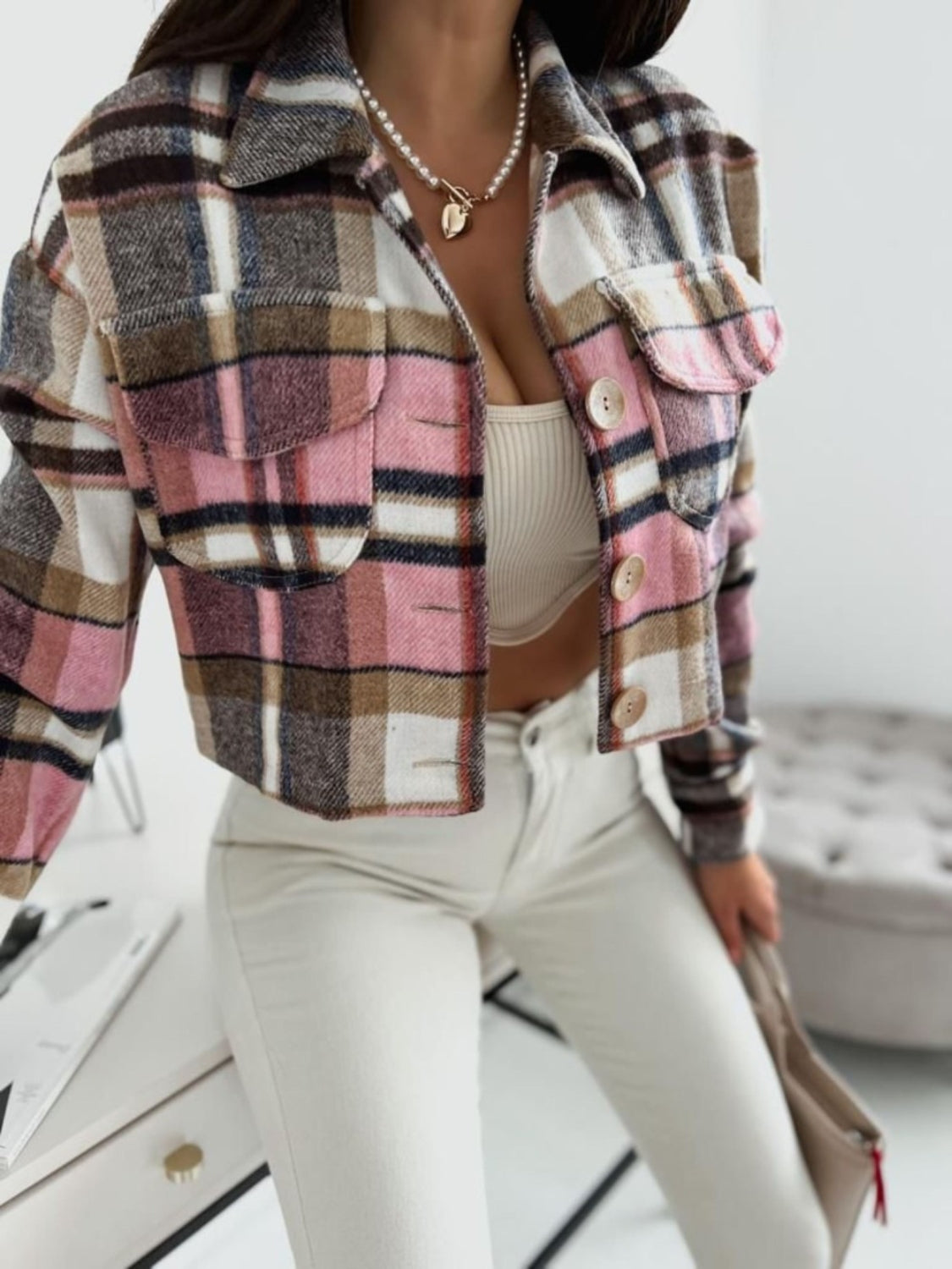 Pocketed Collared Neck Long Sleeve Plaid Jacket - felvior