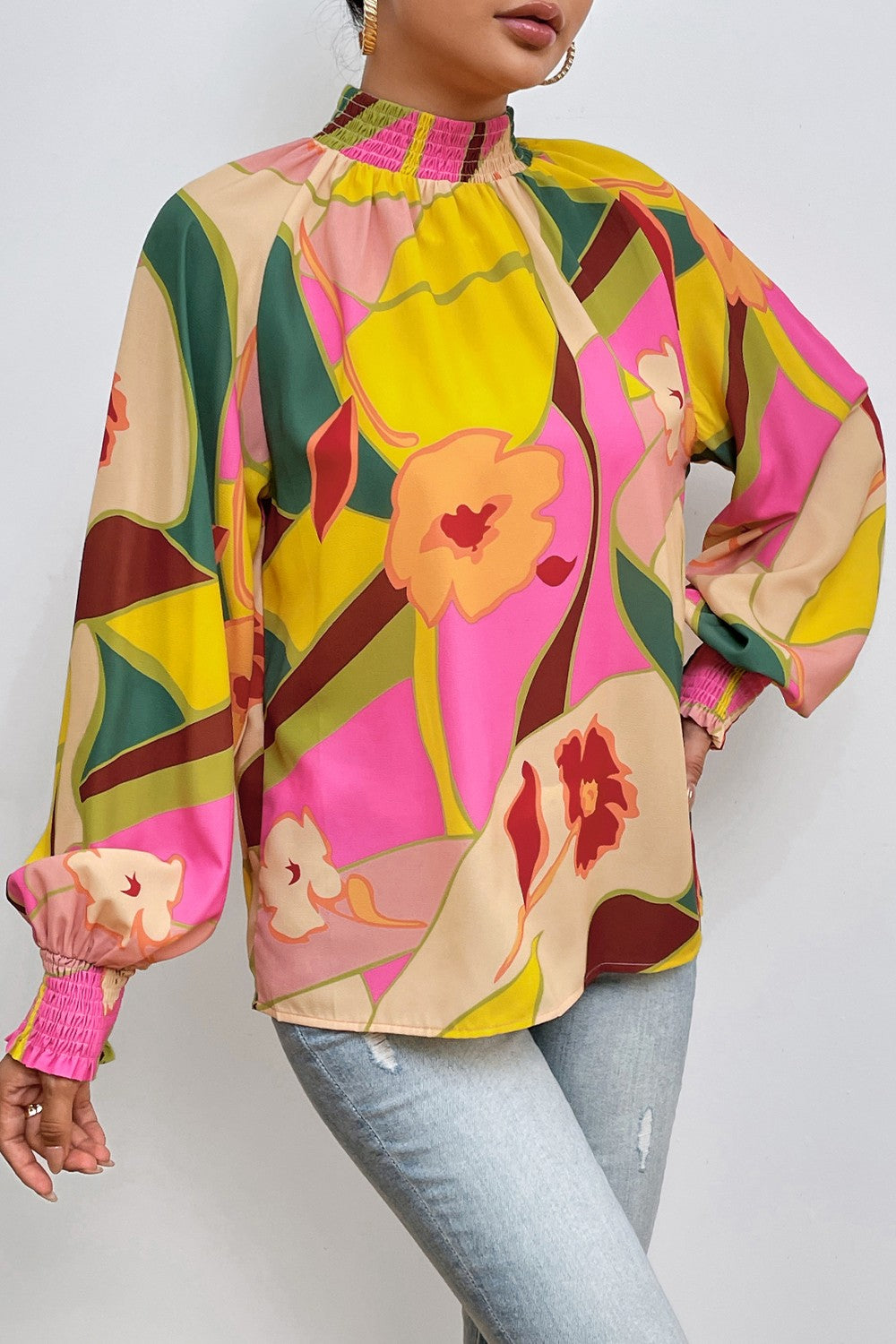 Floral Smocked Lantern Sleeve Mock Neck Blouse - felvior
