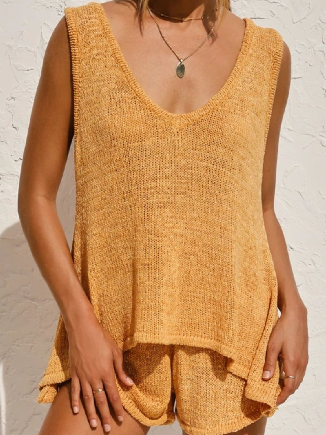 V-Neck Sleeveless Top and Drawstring Shorts Sweater Set - felvior