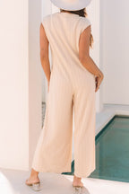 Textured Button Front Wide Leg Cap Sleeve Jumpsuit