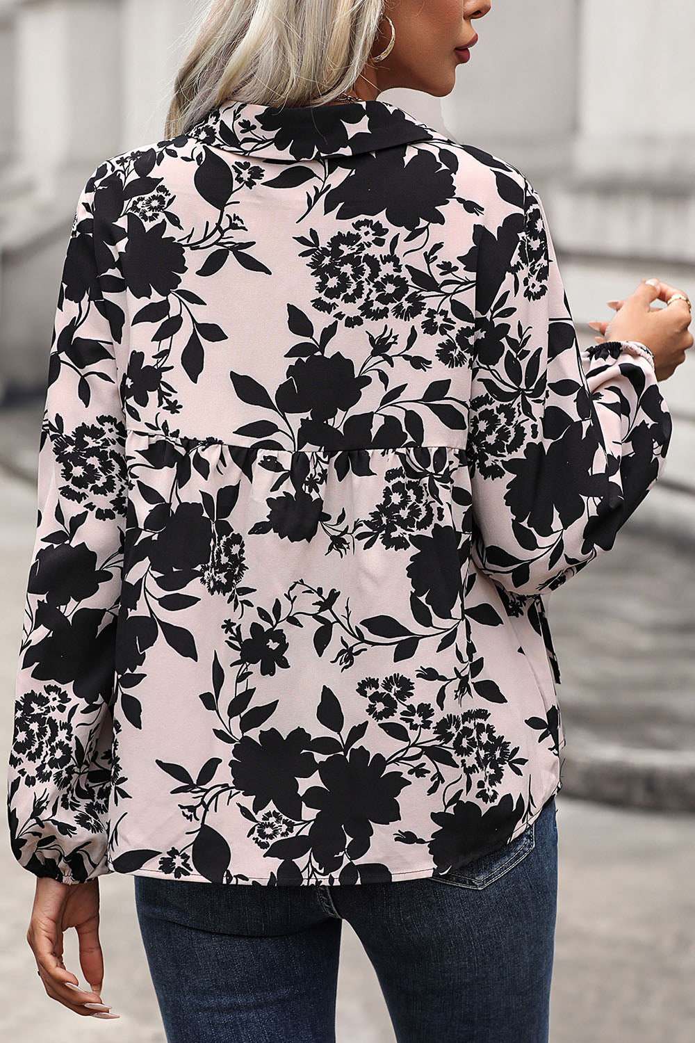 Perfee Printed Tie Neck Balloon Sleeve Blouse - felvior