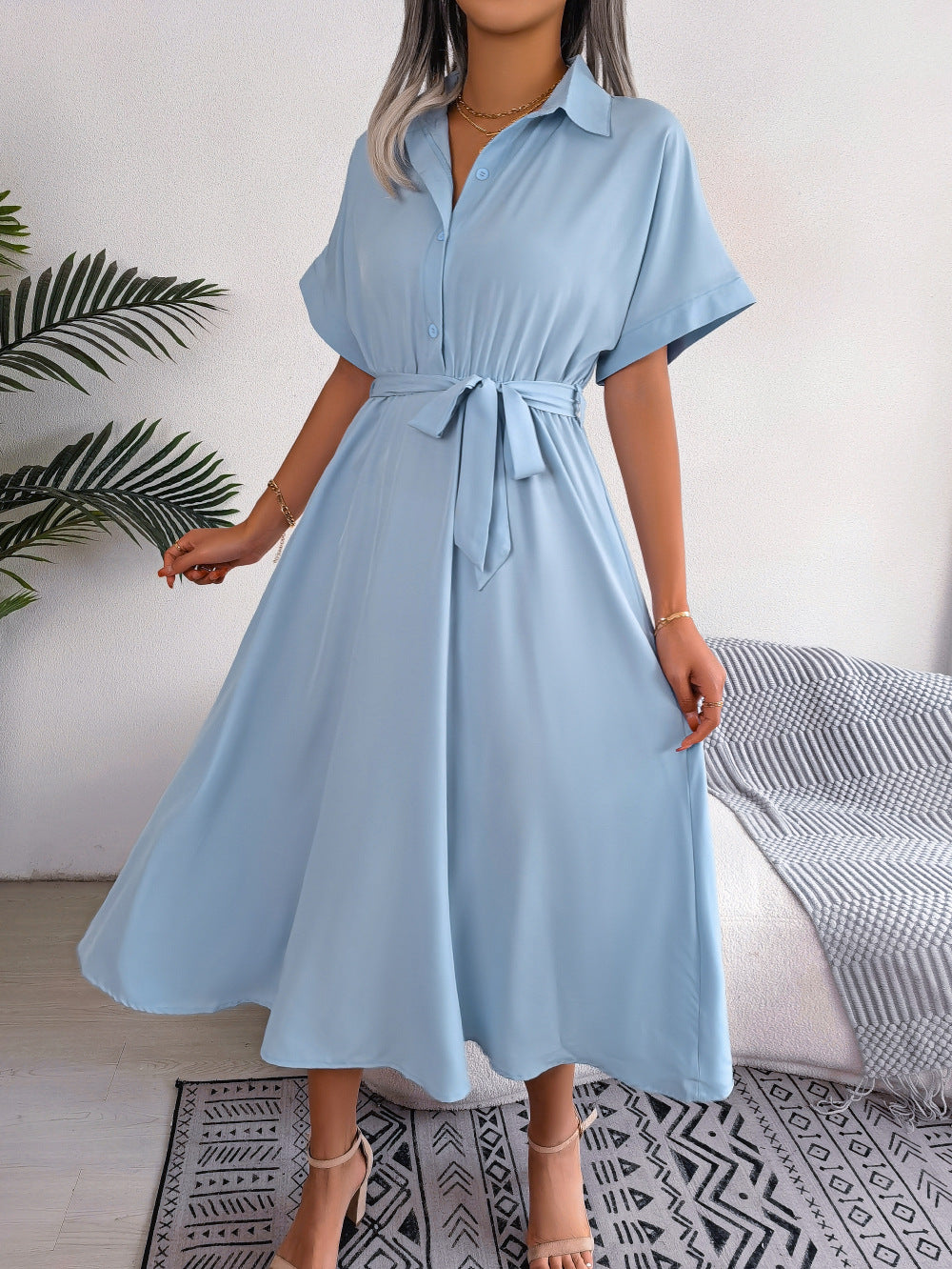 Short Sleeve Collared Tie Belt Dress - felvior