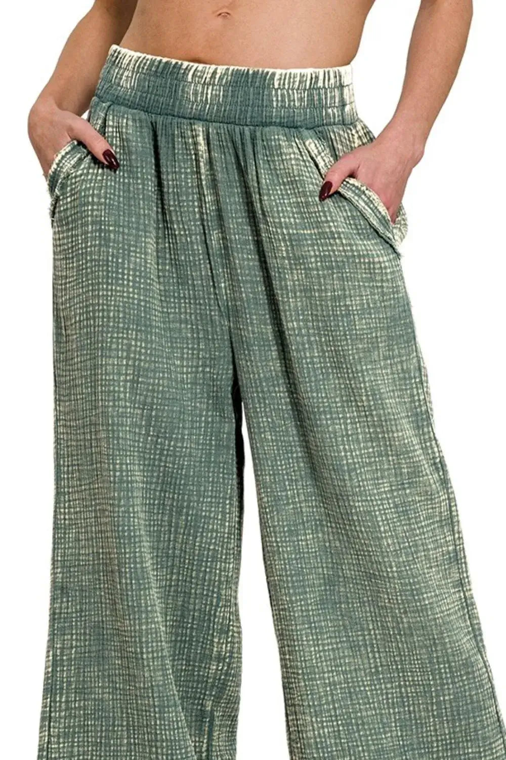 Zenana Washed Double Gauze Elastic Band Waist Pants