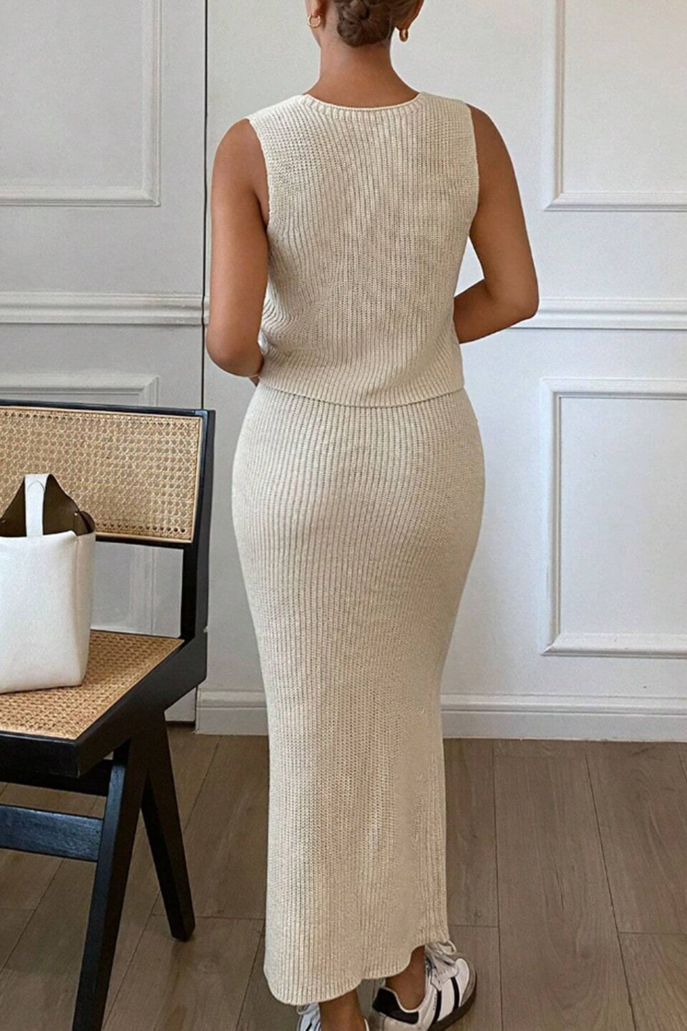 Flower V-Neck Vest and Skirt Sweater Set - felvior