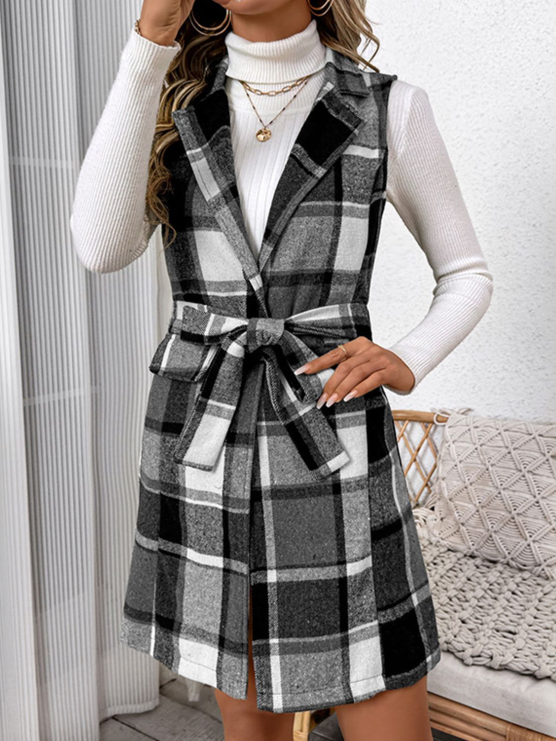 Perfee Tied Plaid Vest Coat - felvior
