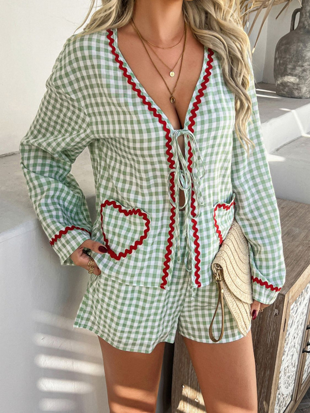 Devine Tie Front Contrast Plaid Shirt and Shorts Set