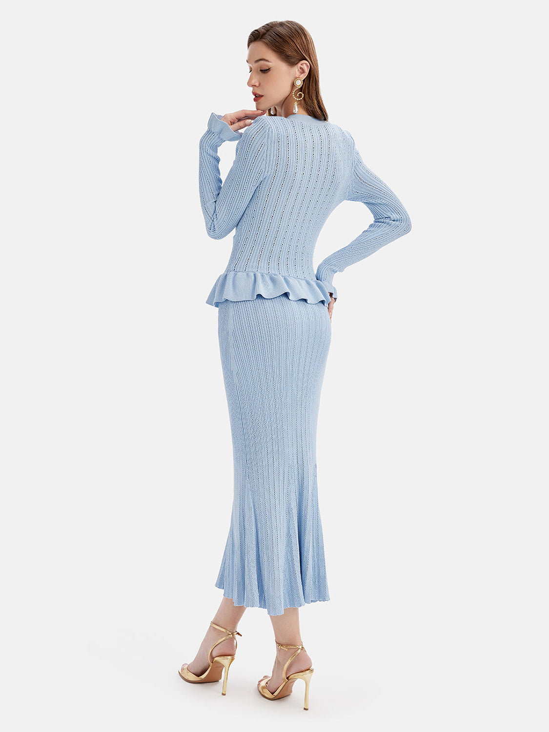 Ruffled V-Neck Top and Midi Skirt Sweater Set - felvior