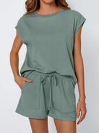 Round Neck Cap Sleeve Top and Shorts Set