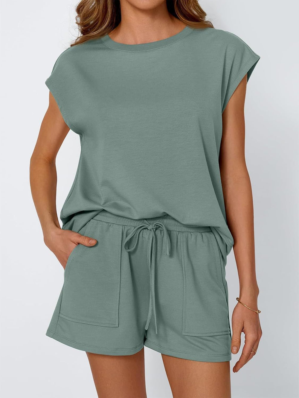 Round Neck Cap Sleeve Top and Shorts Set