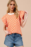 Oh Checkered Round Neck Puff Sleeve Blouse - felvior