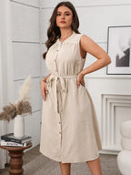 Plus Size Button Front Tie Waist Sleeveless Dress
