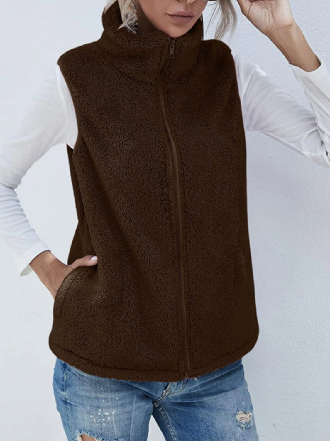 Full Size Fuzzy Zip Up Vest Coat with Pockets - felvior