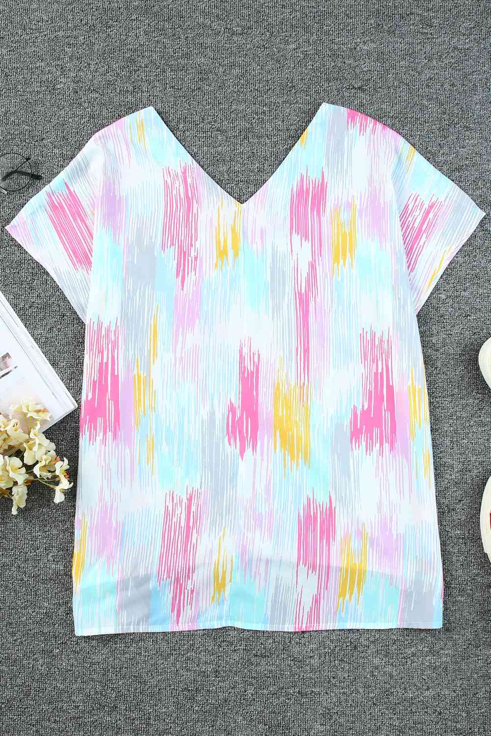 High-Low V-Neck Short Sleeve Blouse - felvior