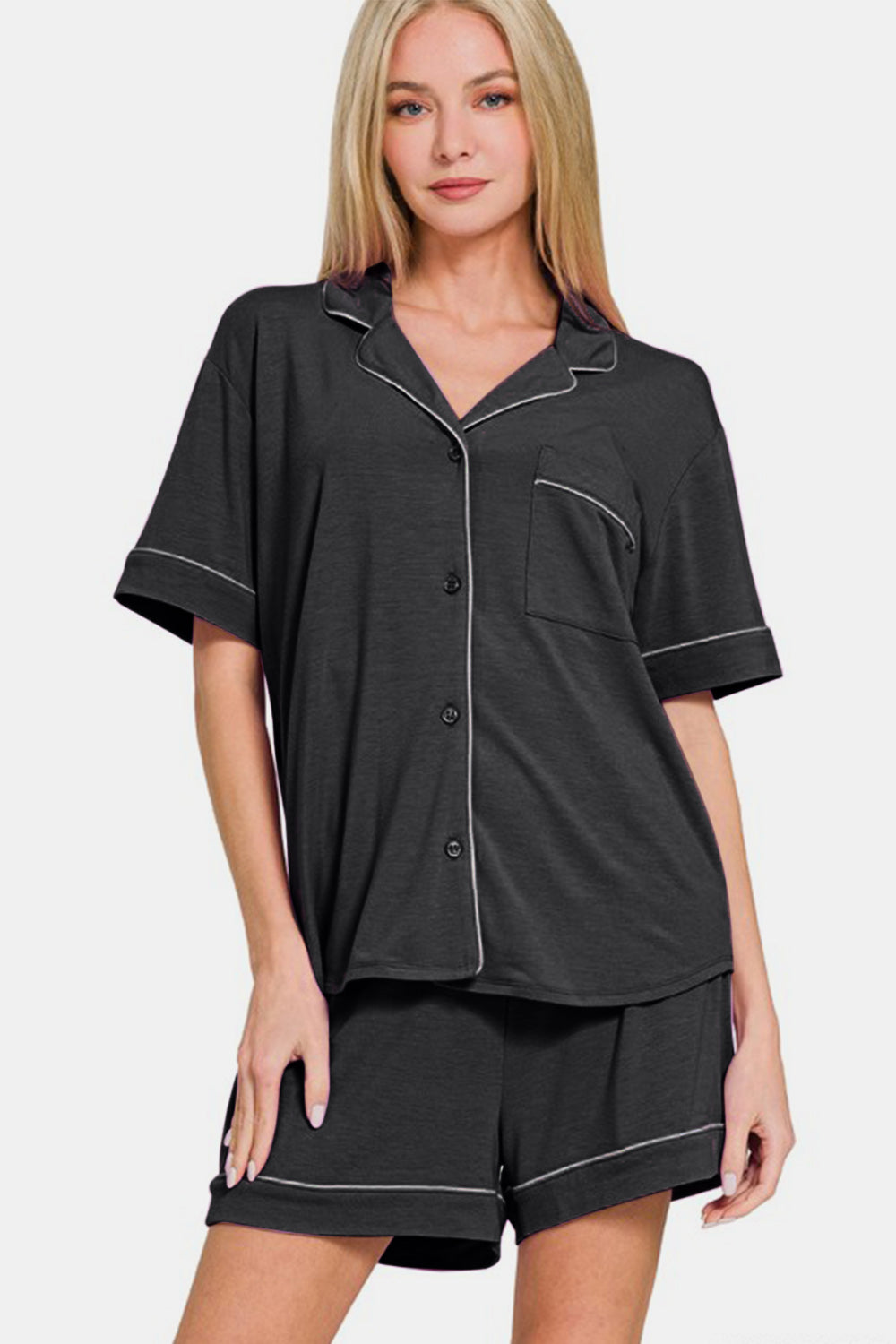 Zenana Button Down Short Sleeve Top and Shorts Lounge Set - felvior