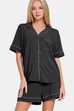Zenana Button Down Short Sleeve Top and Shorts Lounge Set - felvior
