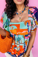 Printed Square Neck Ruffled Short Sleeve Blouse