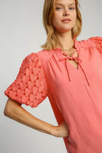 Umgee Full Size Heart Lace Sleeve Ruffle Collar Top Plus Size