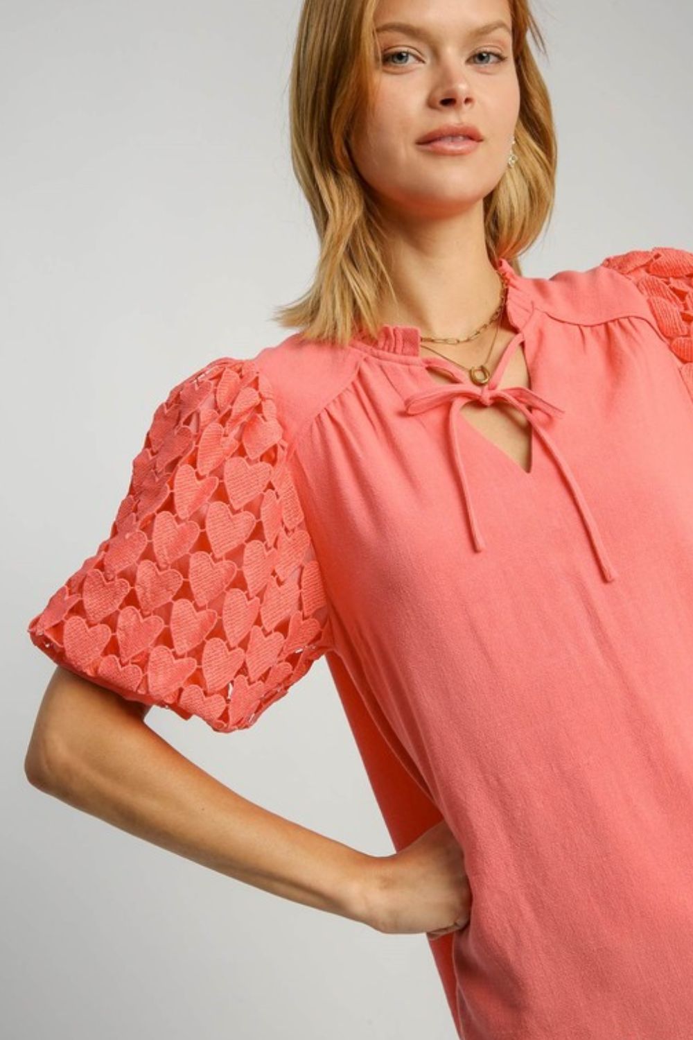 Umgee Full Size Heart Lace Sleeve Ruffle Collar Top Plus Size