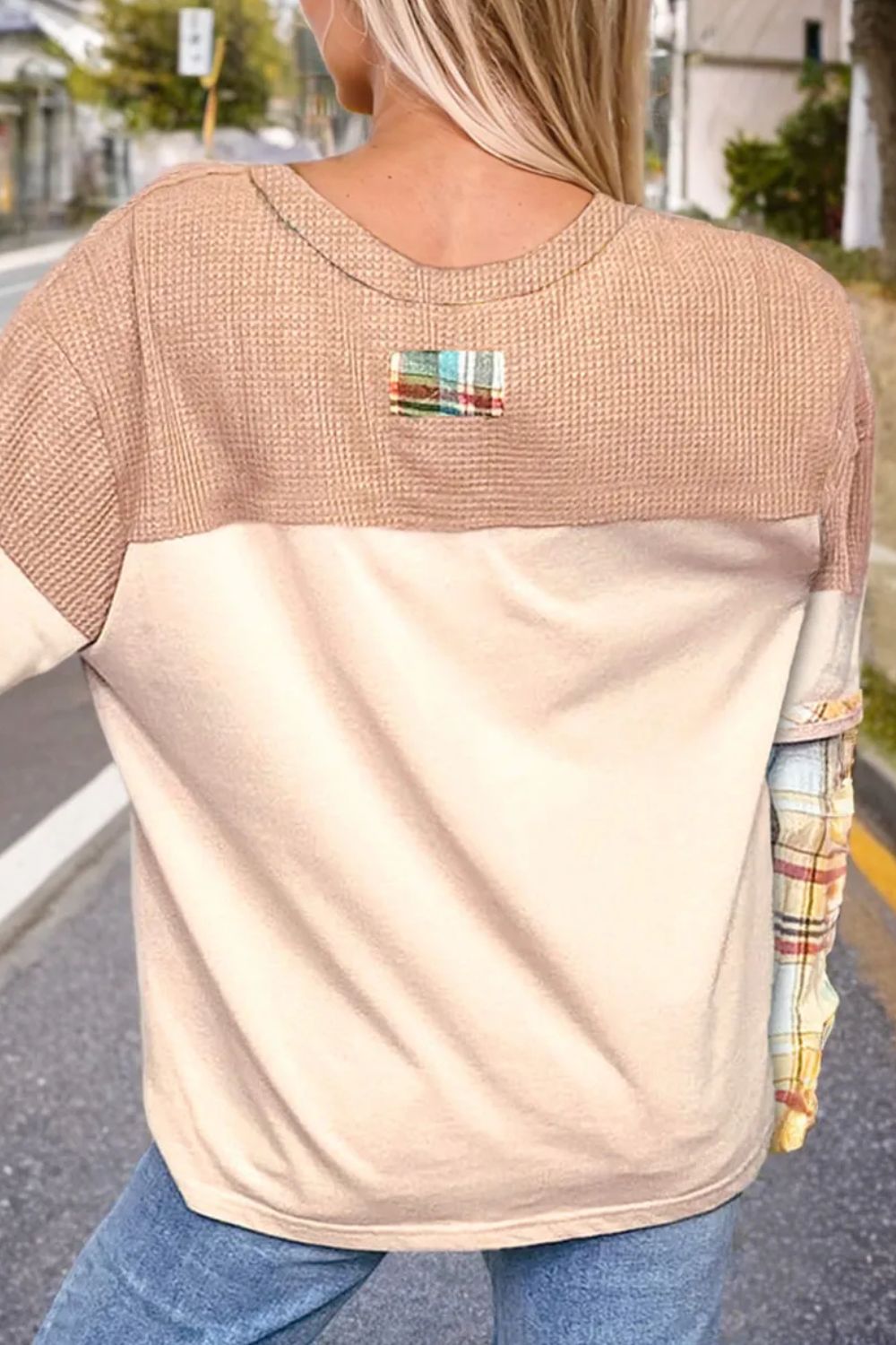 Plus Size Waffle-Knit Detail Plaid Round Neck Top Secondary image