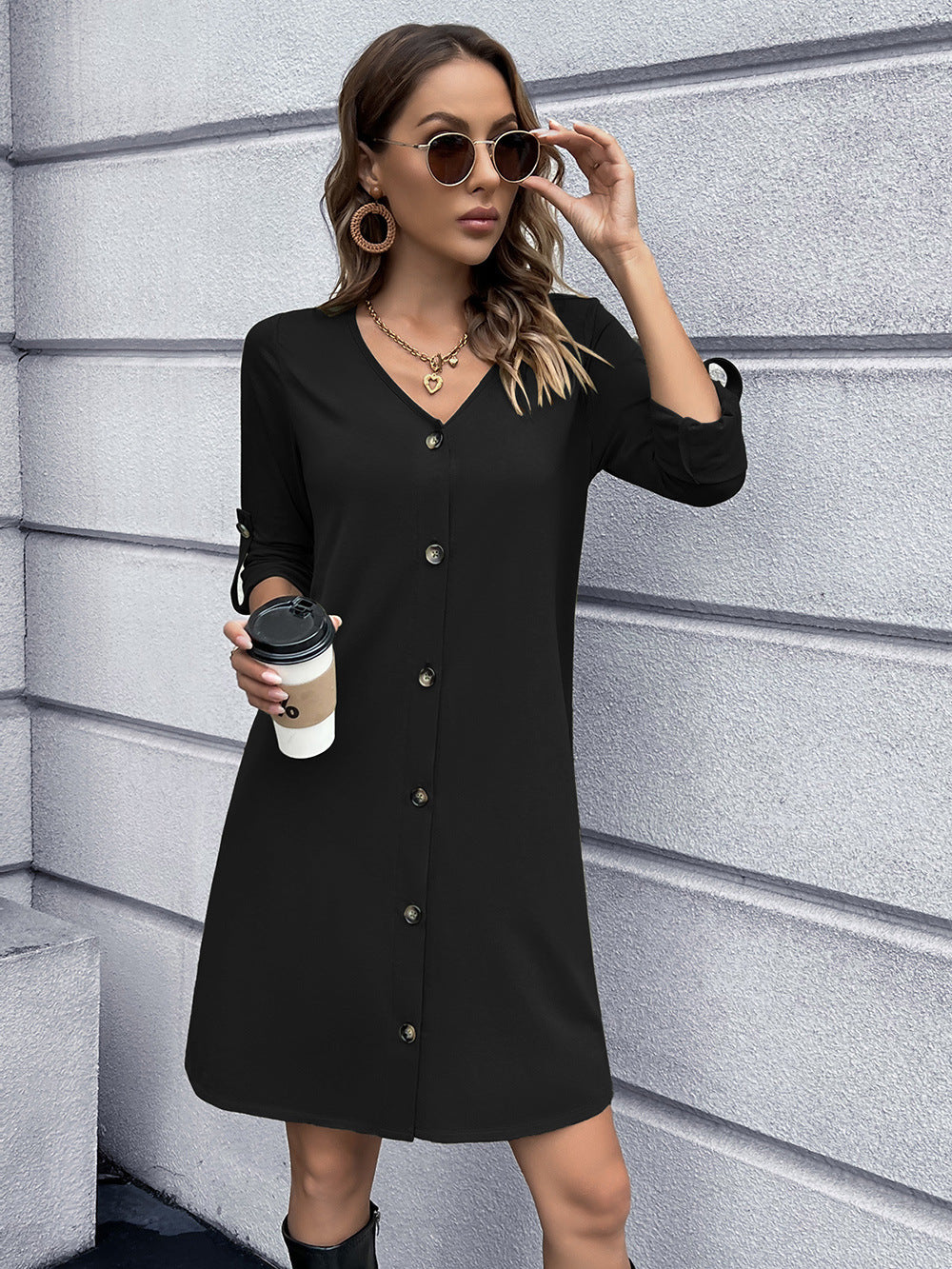 Ivy Lane Button Down V-Neck Mini Dress - felvior