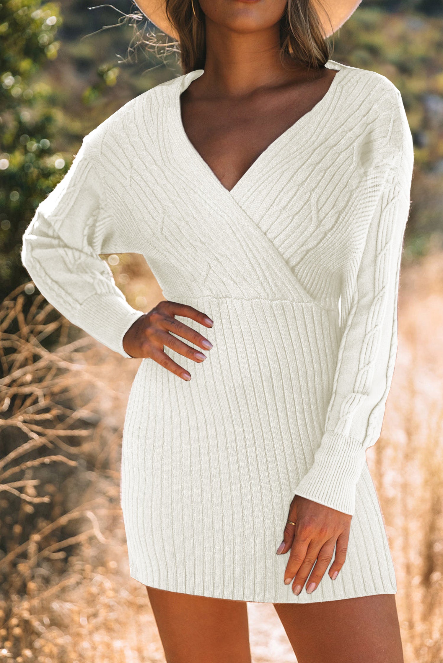 Cable-Knit Surplice Lantern Sleeve Sweater Dress - felvior