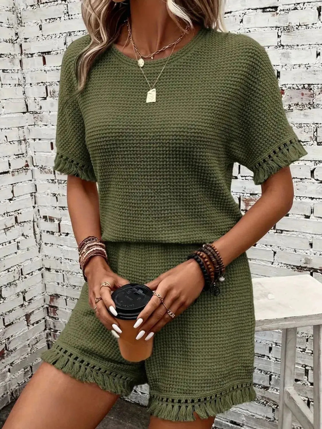 Tassel Round Neck Top and Shorts Set - felvior