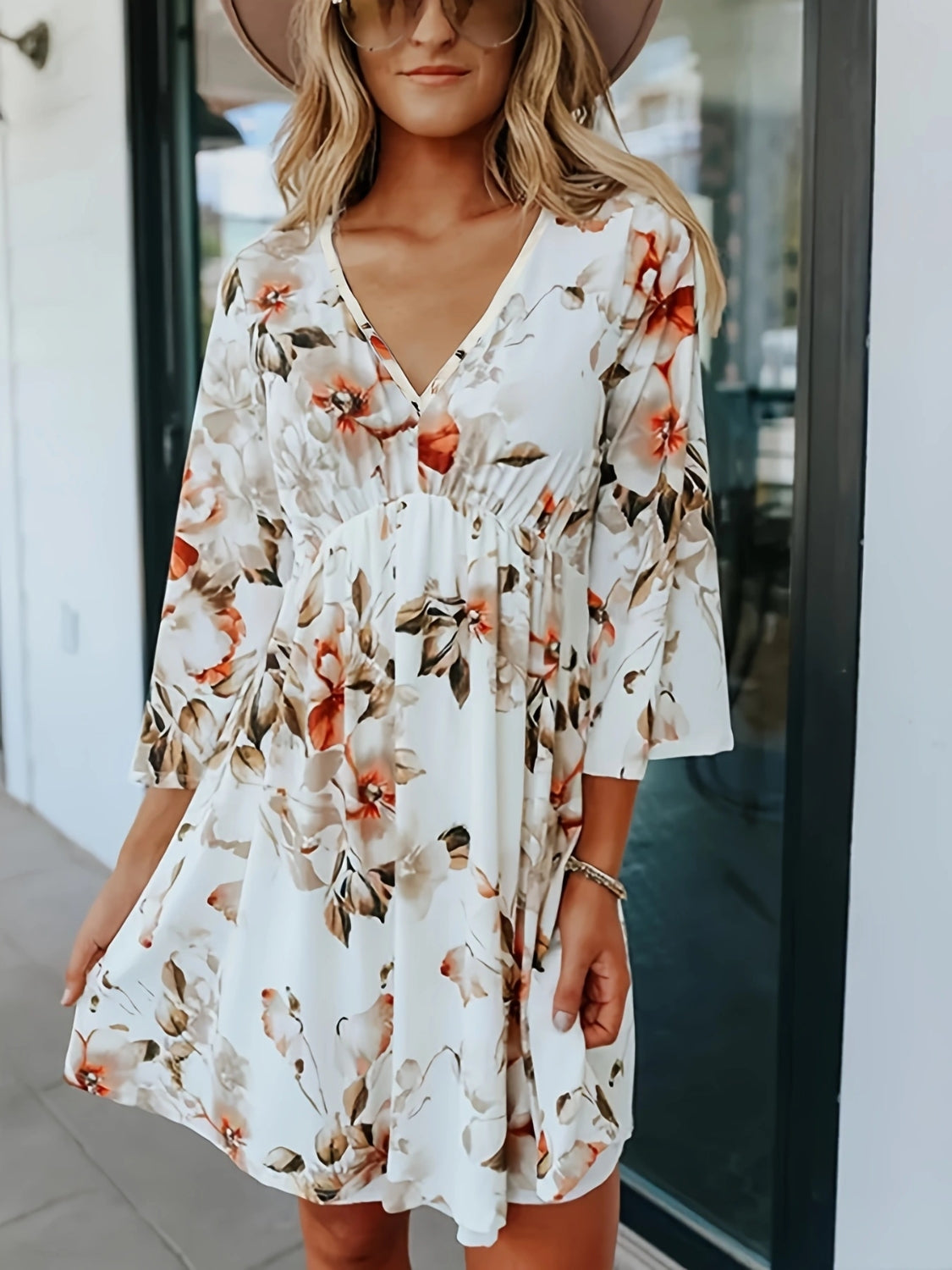 Floral V-Neck Three-Quarter Sleeve Mini Dress - felvior