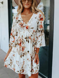 Floral V-Neck Three-Quarter Sleeve Mini Dress - felvior