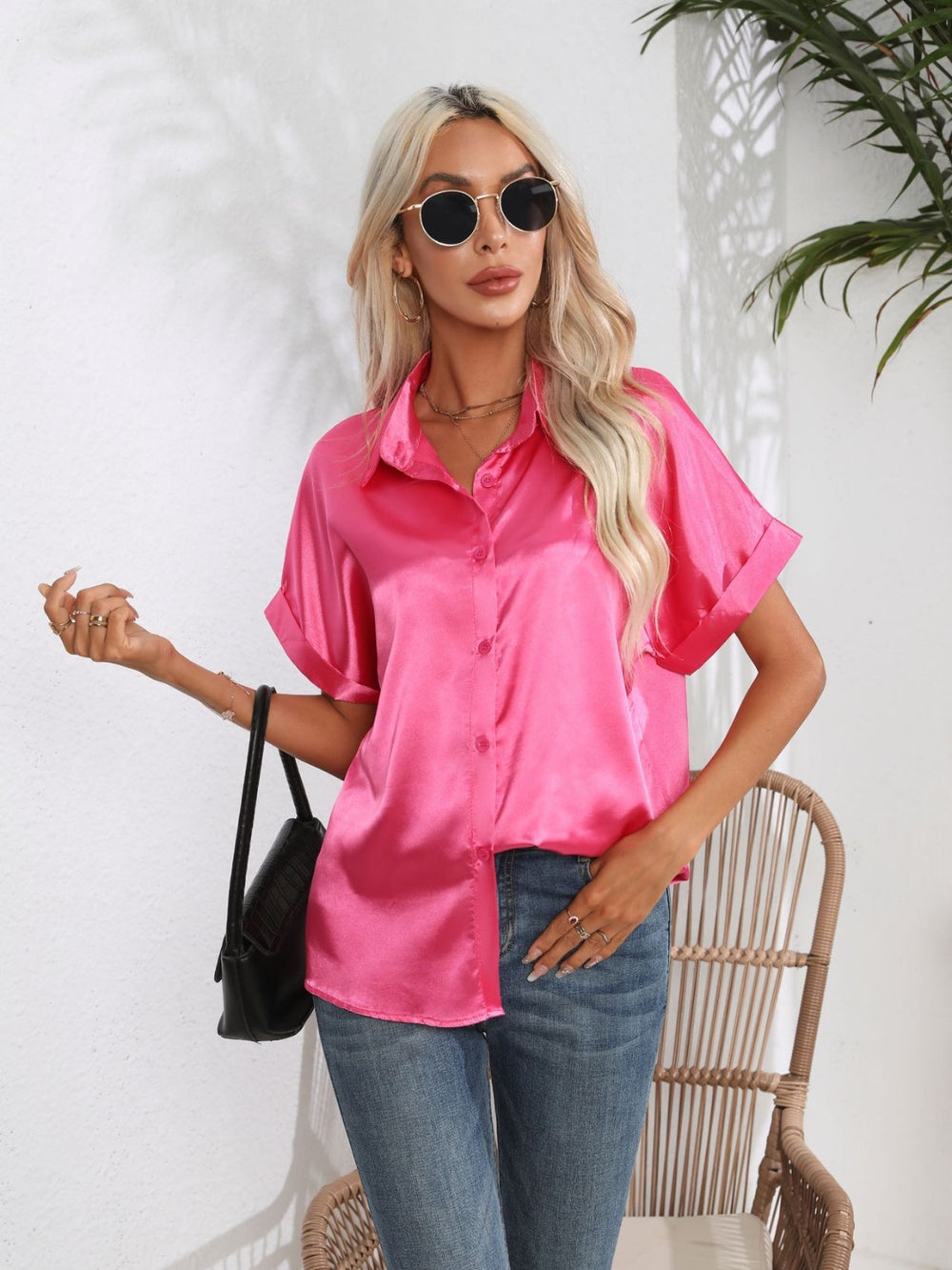 Button Down Collared Neck Short Sleeve Satin Shirt