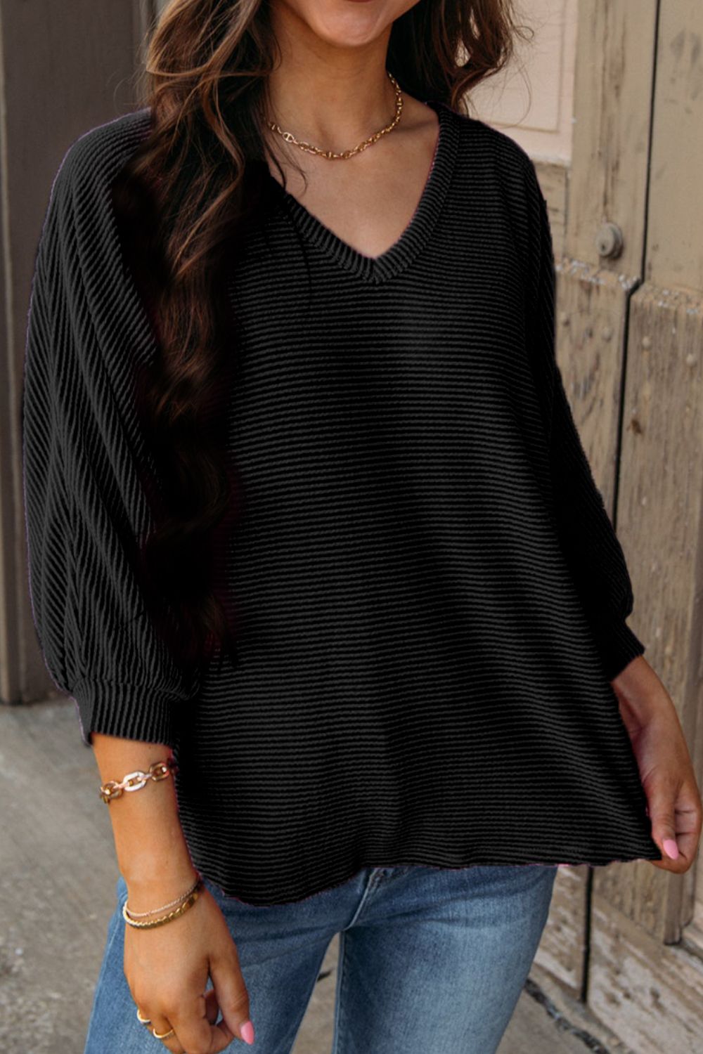 Texture V-Neck Long Sleeve Top - felvior