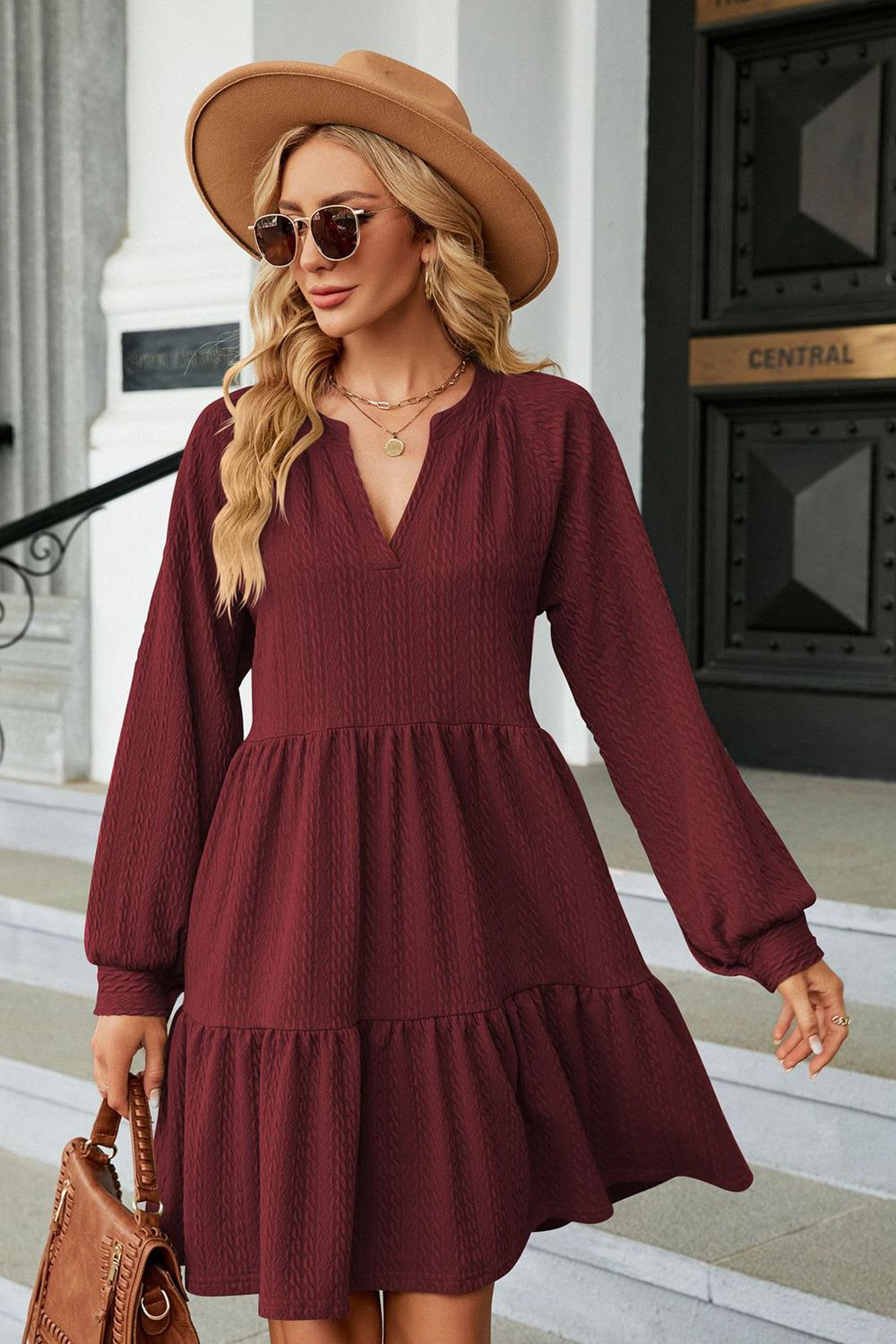 Notched Neck Long Sleeve Mini Dress - felvior