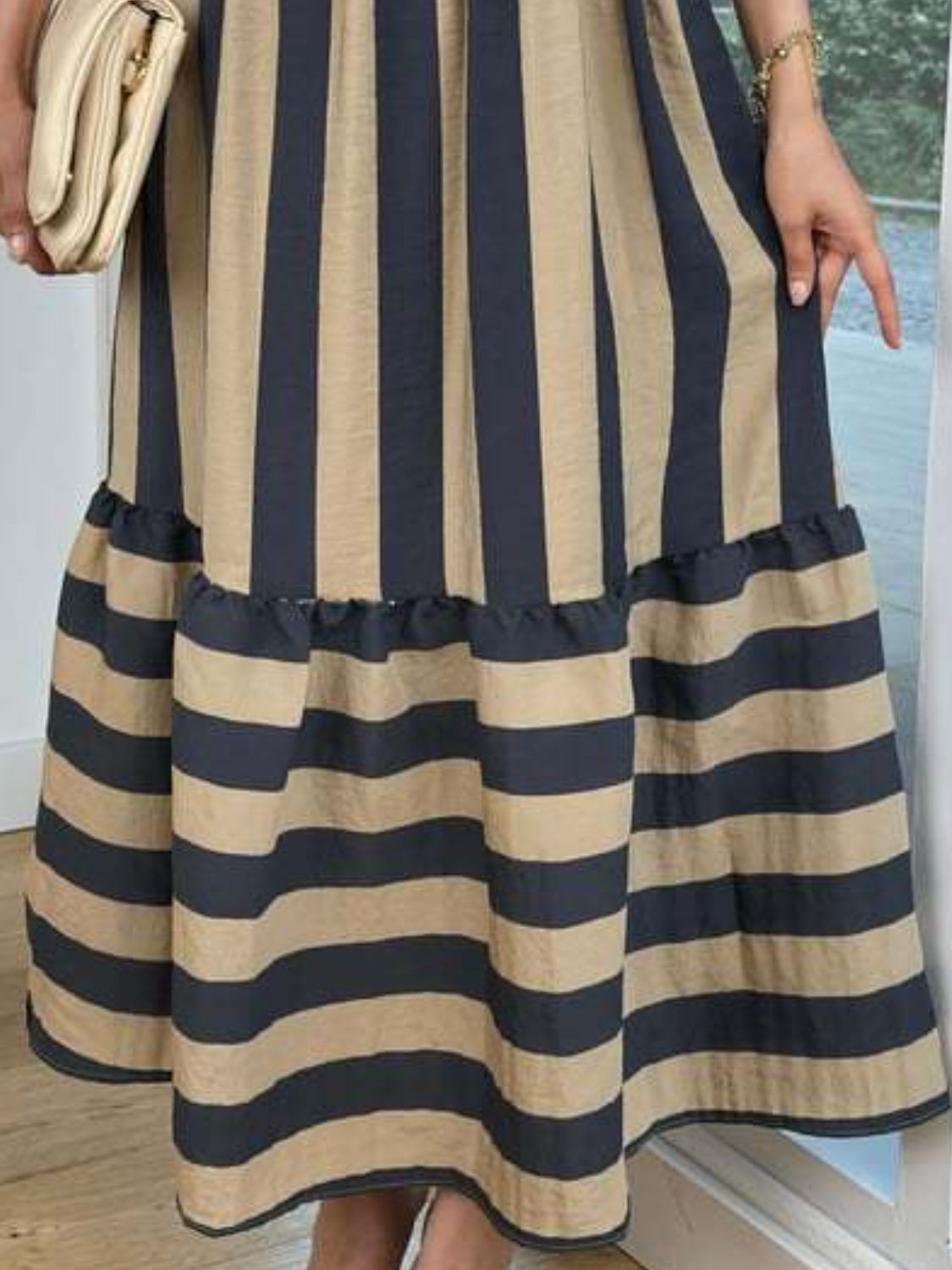 Smocked Striped Square Neck Cap Sleeve Dress - felvior
