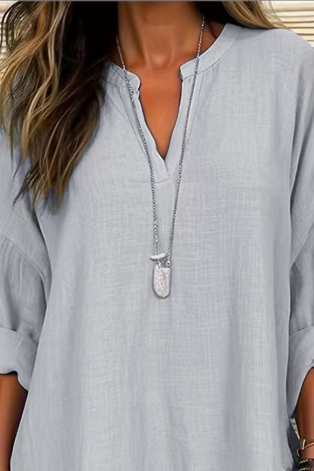 Solid Color Notched Long Sleeve Blouse - felvior