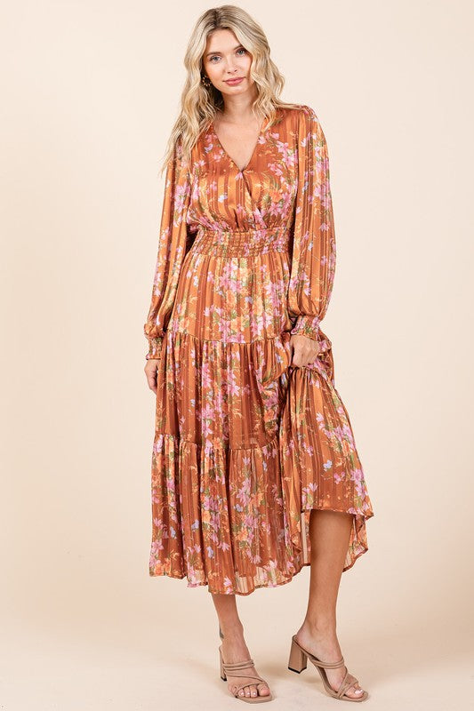 Mittoshop Flower Print Satin Lurex Stripe Smocked Midi Dress - felvior
