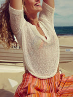 Notched Short Sleeve Knit Top