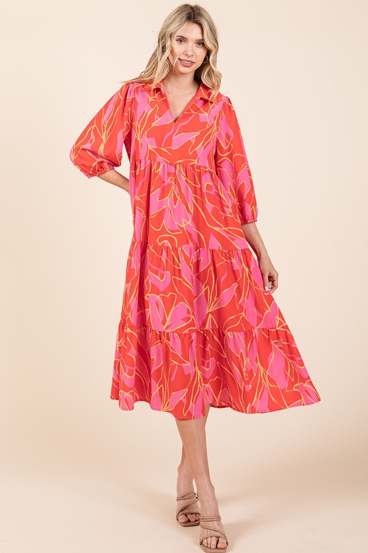 Mittoshop Tiered Printed Collared Neck Midi Dress - felvior